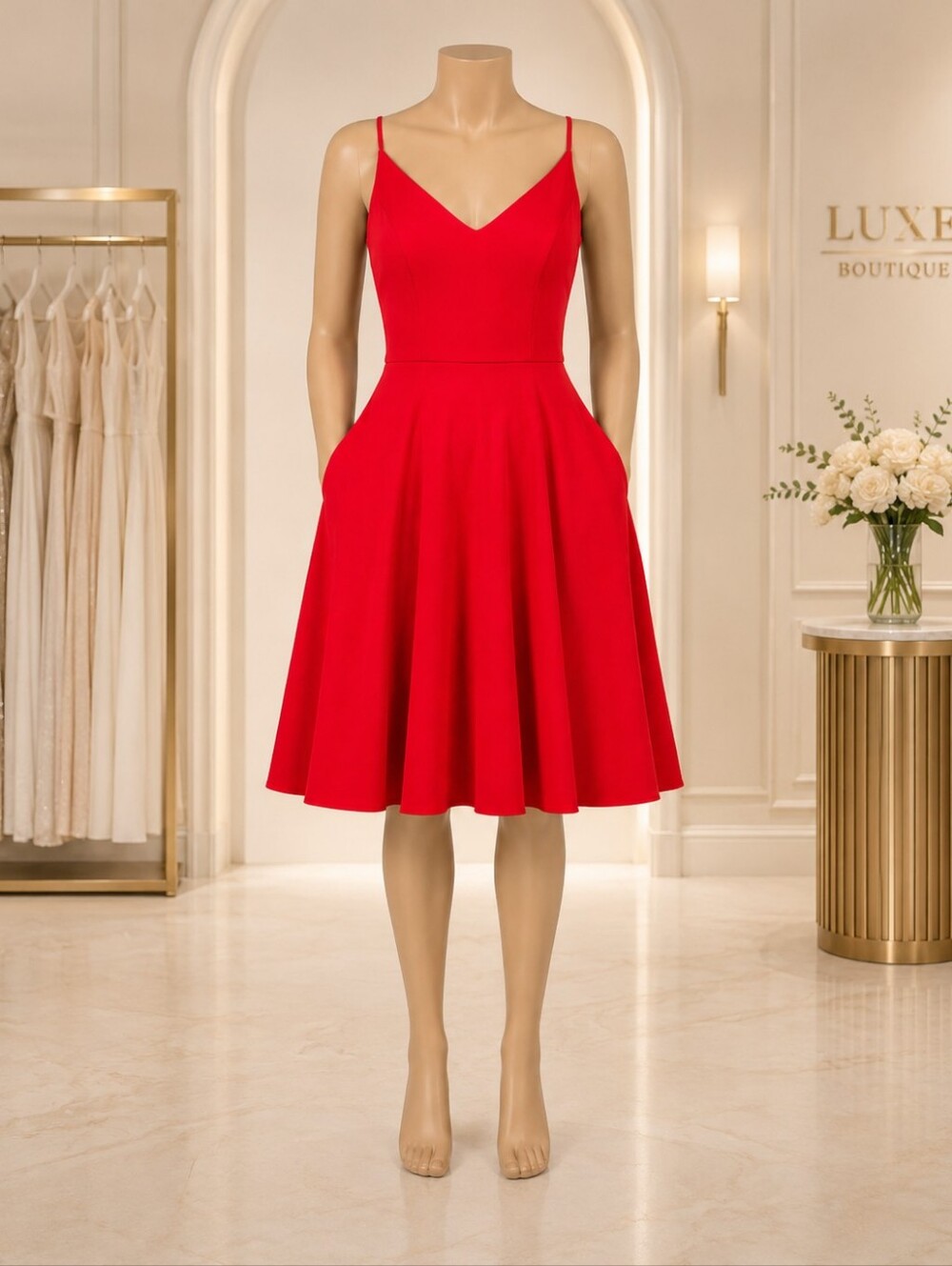 David's Bridal, red fit and Flare formal dress Cocktail Dress With Pockets